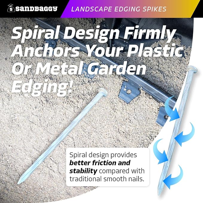 Sandbaggy 6 inch Galvanized Landscape Edging Spikes - Spiral Landscape Nails - 7 Gauge Steel - Great for Hard Rocky Soil - Also Great for Paver Edging, Artificial Turf, Landscape Fabric (200, 6 inch)