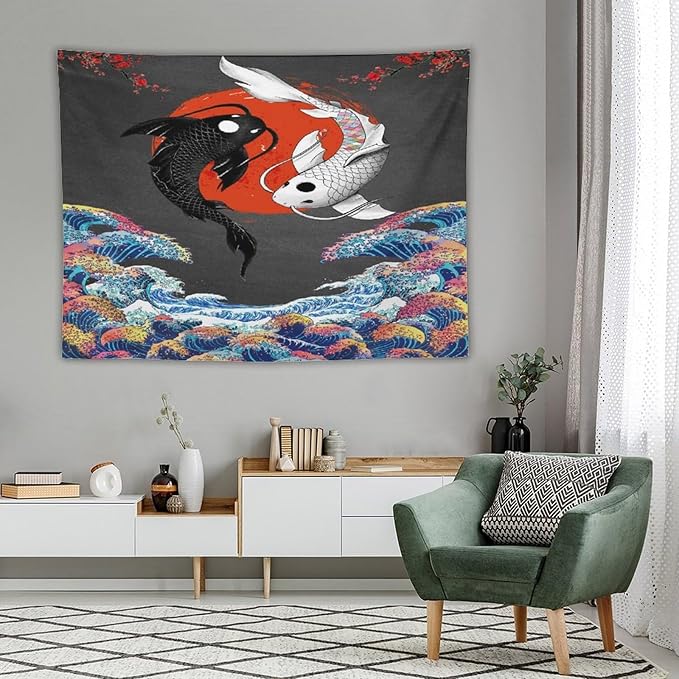 Houselerax Japanese Koi Fish Tapestries, Yin Yang Big Wave Cherry Blossom Tapestry Wall Hanging for Bedroom Living Room Office Decor 80"x60"