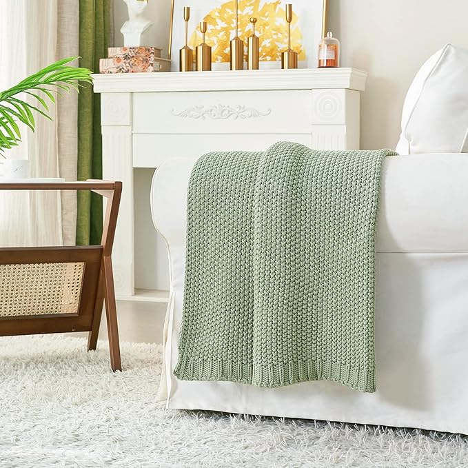 Chunky Cable Knit Throw Blanket Lightweight Light Green 100% Organic Cotton Blanket for Sofa Couch Bed Baby Nursery, Rustic Shabby Chic Modern Farmhouse, 60” x 80” Bonus Laundering Bag