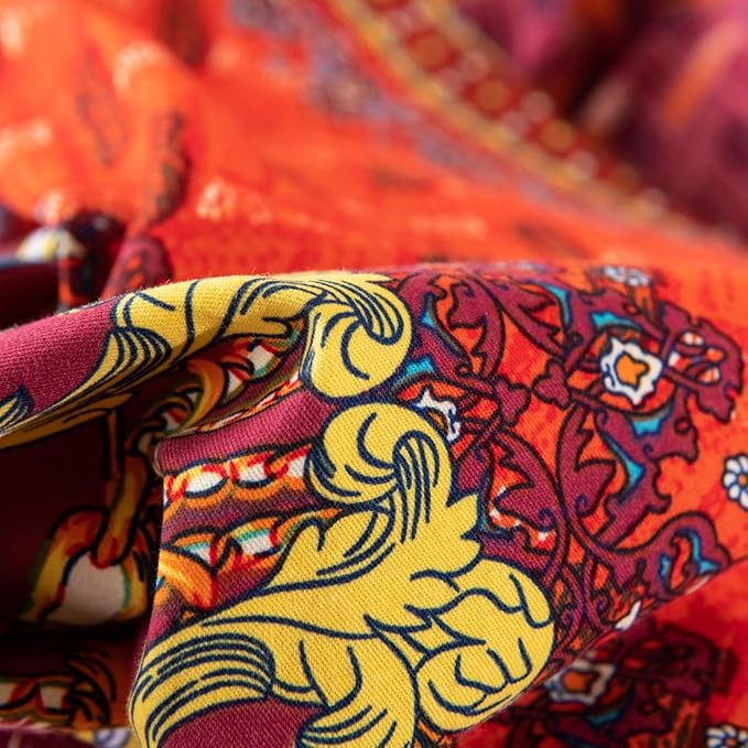 ABREEZE Bohemian Duvet Cover Set Colorful Orange Boho Retro Bedding Set Damask Paisley Cotton Duvet Cover Tribal Reversible Bedding Exotic Style Comforter Cover 3-Piece Cal.King