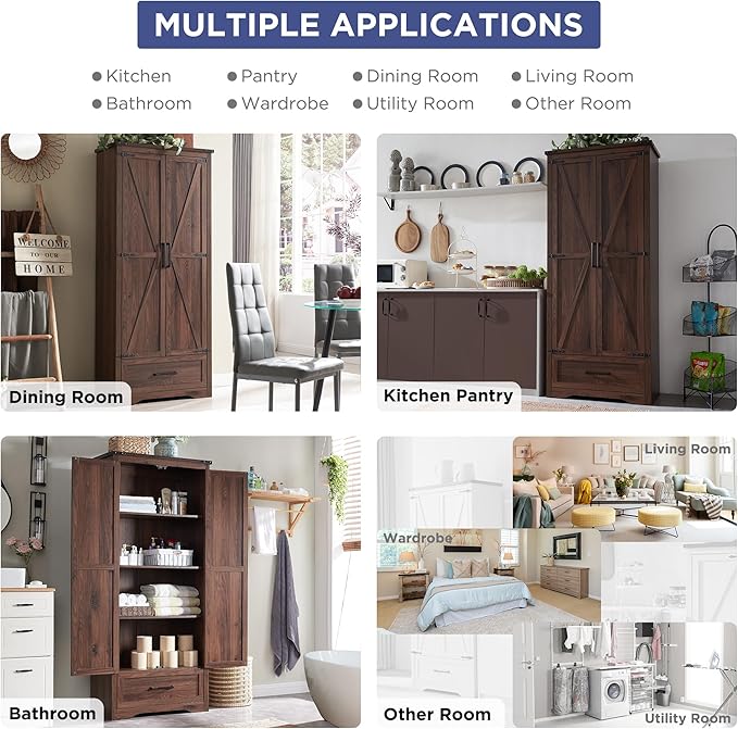 JXQTLINGMU Farmhouse Kitchen Pantry Cabinet - 72" Tall Wood Kitchen Storage Cabinets with Adjustable Shelves & 2 Barn Doors & Drawer, Versatile Storage for Dining Room, Bathroom, Rustic Brown