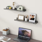 24 Inches Floating Shelves for Wall, Solid Pine Wood Picture Ledge Shelves, Wall Shelves with Lips, Nursery Book Shelves for Toys Storage Living Room Bedroom Photo Frames (2 Pcs, Grey)