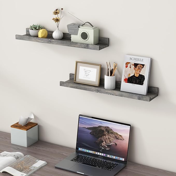 24 Inches Floating Shelves for Wall, Solid Pine Wood Picture Ledge Shelves, Wall Shelves with Lips, Nursery Book Shelves for Toys Storage Living Room Bedroom Photo Frames (2 Pcs, Grey)