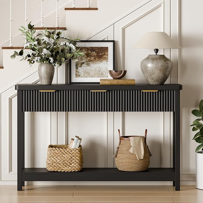 Lulive 51" Fluted Console Table for Entryway, Entryway Table with 3 Wooden Drawers, Farmhouse Behind Sofa Table for Living Room, Hallway, Couch, Foyer
