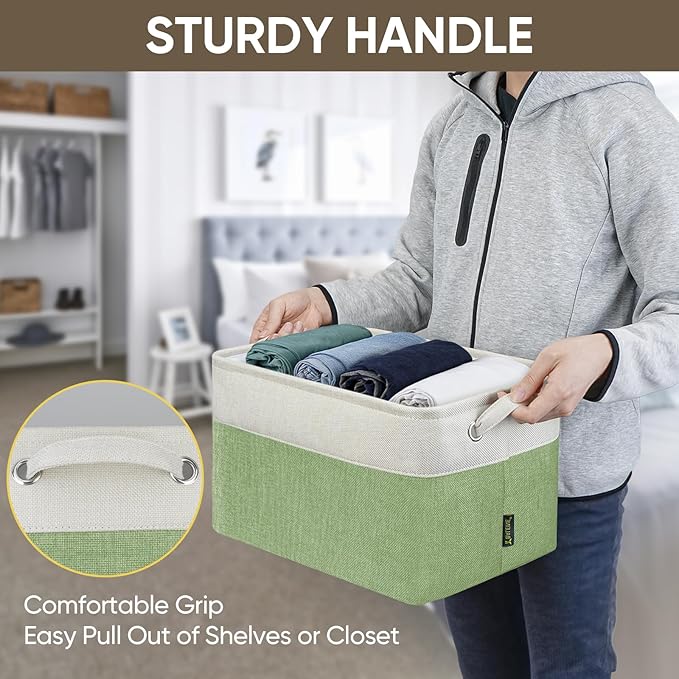BALEINE 4 Pack Fabric Storage Bins for Shelves, Linen Storage Baskets for Organizing, Decorative Closet Bins for Clothes, Home (Green, 15''x11''x9.5'')