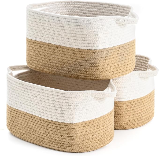Cotton Rope Woven Storage Basket, Used for Baby Hamper Toy Organizer, Gift Baskets Empty,Kids Laundry Basket,Baby Blanket Storage. Size 15x10x8.7 Inches. (White&Khaki-3PCS)