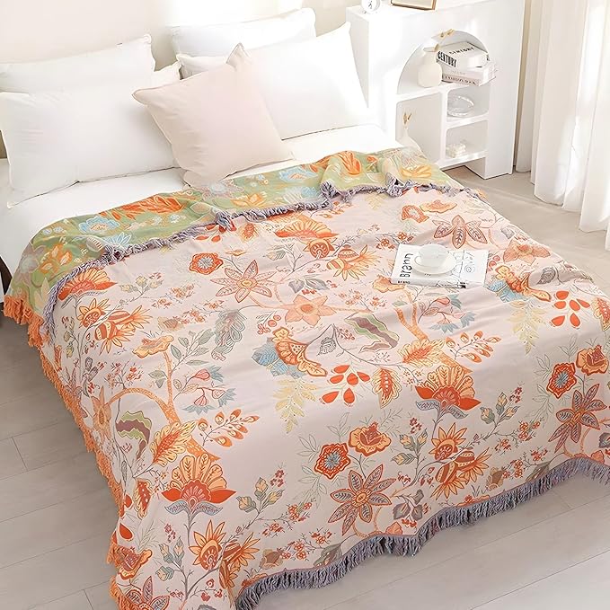 Boho Throw Blanket for Bed - 100% Pure Cotton Ultra Soft Rustic Quilt - Farmhouse Decor Bed Blankets, All Season Rustic Throw for Sofa Couch Chair(91''x 98'', Floral)