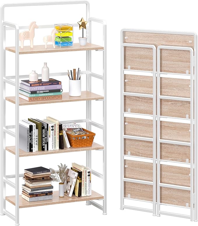 4NM No Assembly Foldable Bookshelf, 4-Shelf Collapsible Bookcase Storage for Small Spaces, 54" H, Natural White