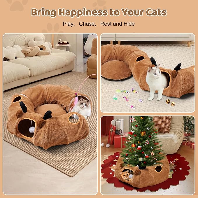 Odoland Reindeer Cat Tunnels Bed with 20 Kitten Toys for Indoor Cats, Plush Cats Couch Tunnel Bed - Kittens Cave Donut Tunnel - Detachable Soft Cat Bed and Variety Kitty Toy Set