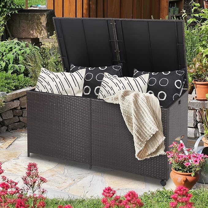 HAPPYGRILL 175 Gallon Outdoor Rattan Deck Box, Wicker Storage Bin with Zippered Liner & 2 Universal Wheels, Safe Pneumatic Rod, Patio Rattan Storage Container for Cushions Pillows