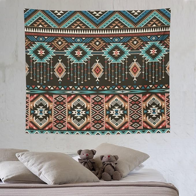 HZOHNAGO Aztec Tapestry Turquoise Blue and Brown and Native American Tribal Pattern Printed Wall Tapestry Wall Hanging for Bedroom Living Room Dorm 60" W x 50" H
