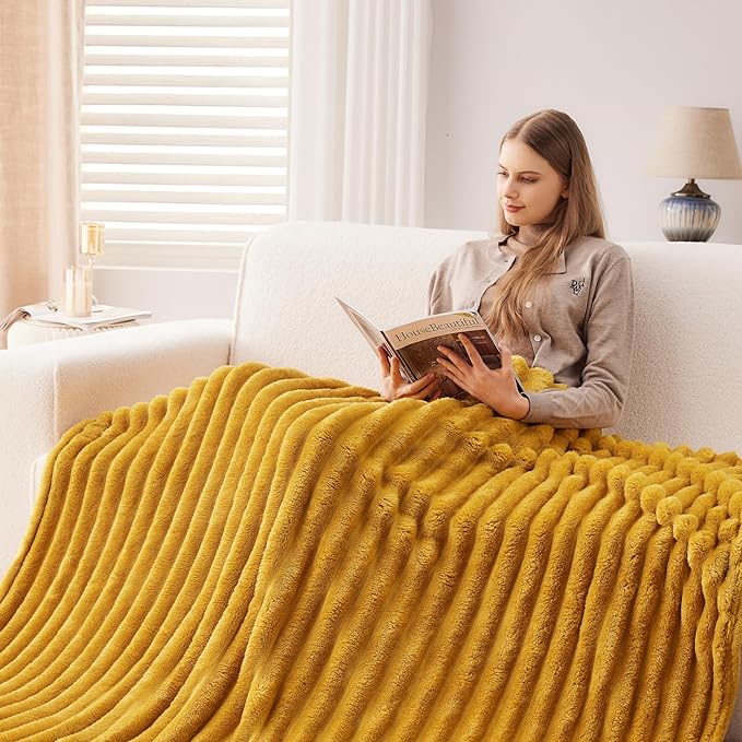 NEWCOSPLAY Super Soft Throw Blanket Mustard Yellow Premium Silky Flannel Fleece 3D Ribbed Jacquard Lightweight Bed Blanket All Season Use (Mustard Yellow Ribbed, Throw(50"x60"))