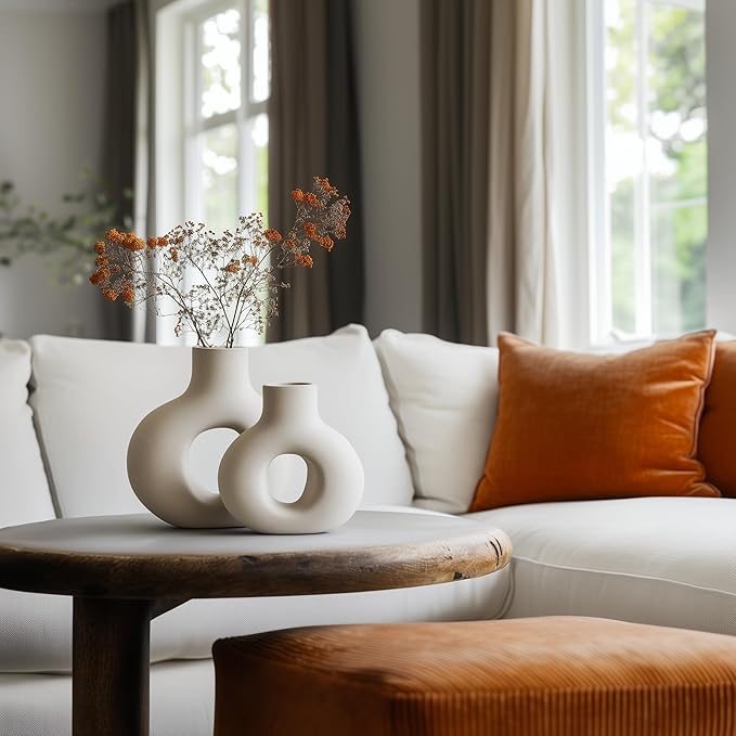 NOBULA White Ceramic Donut Vases – Modern Home Decor for Living Room, Bedroom & Table Centerpiece - Minimalist Nordic – Unique Vases for Olive Plant & Flowers – Decorative Coffee Table Vase Set of 2