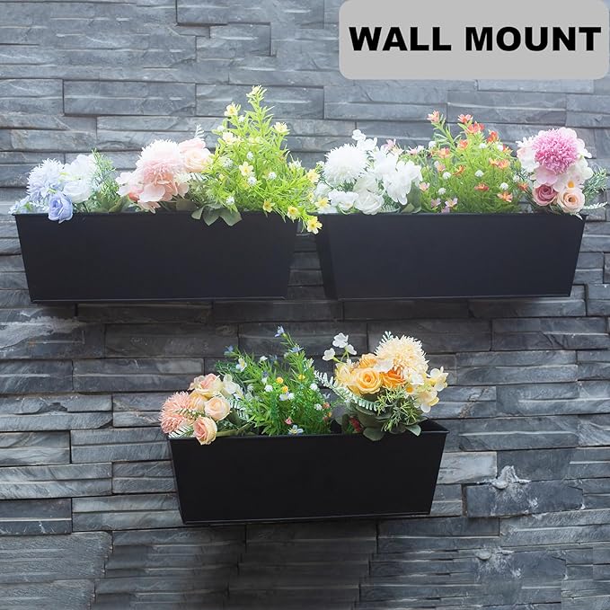 Wall Hanging Planters for Outdoor Plants 16 Inch Large Metal Fence Pots with Hooks for Outside Garden Balcony Plants 3PCS（Black）