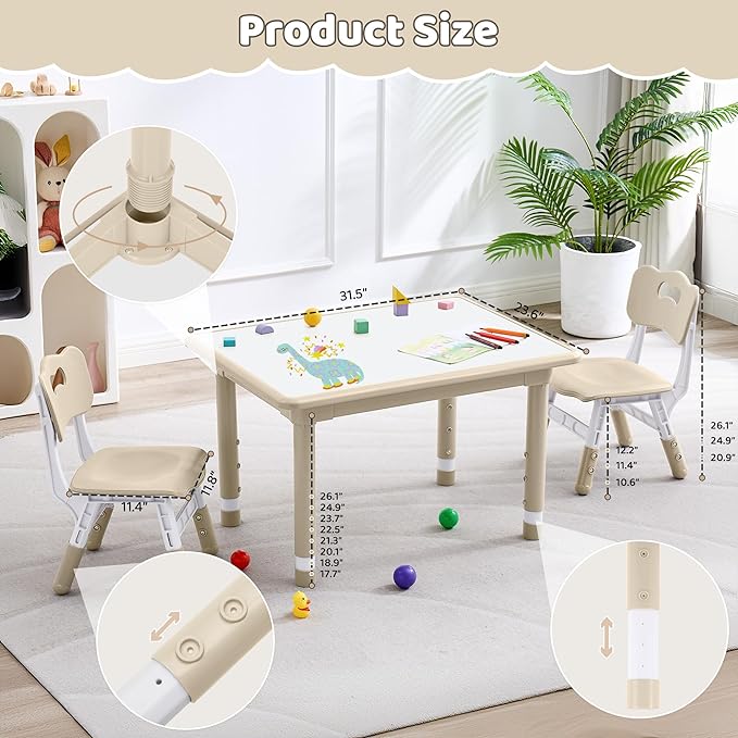 Kids Table and 2 Chairs Set, Height Adjustable (17.7"-26.1") Toddler Table and Chair Set, Multi-Activity Table with Graffiti Desktop, Children’s Table and Chairs for Classroom, Home & Daycare
