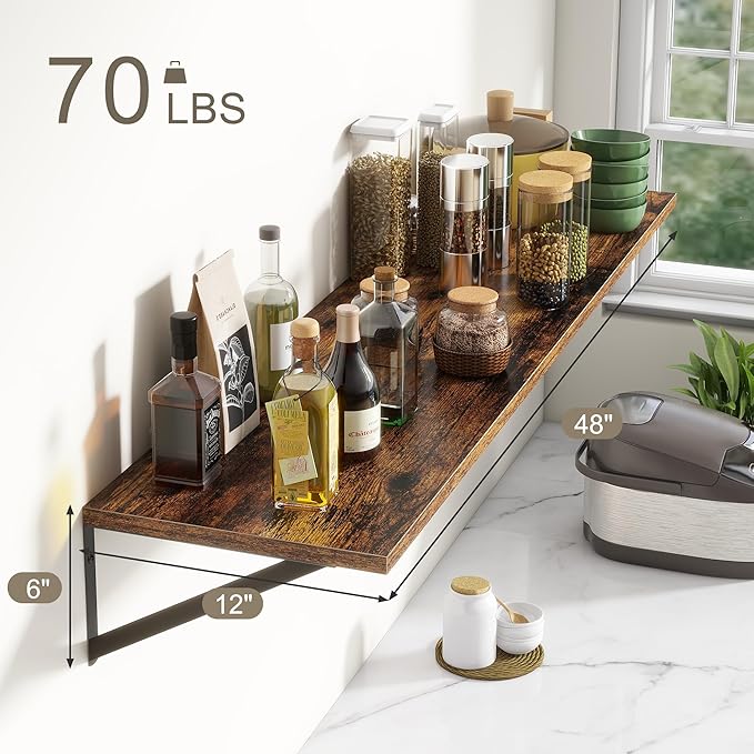 12 Inch Deep Floating Shelves,48W x 12D Floating Shelves, Deep Wall Shelves Bracket Set of 2, Large Display Floating Shelf for Bathroom, Living Room, Wide Storage Wooden Wall Shelf, Rustic Brown