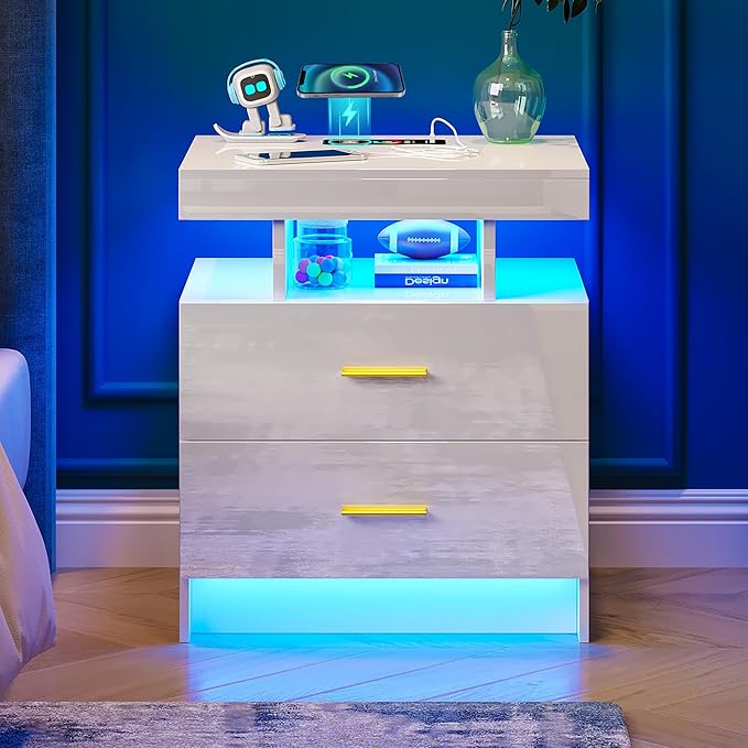 Night Stand with Light, High Gloss Nightstand with USB/Wireless Charging Station, LED White Nightstands with Storage Drawers, RGB Side End Table for Bedroom Furniture（White