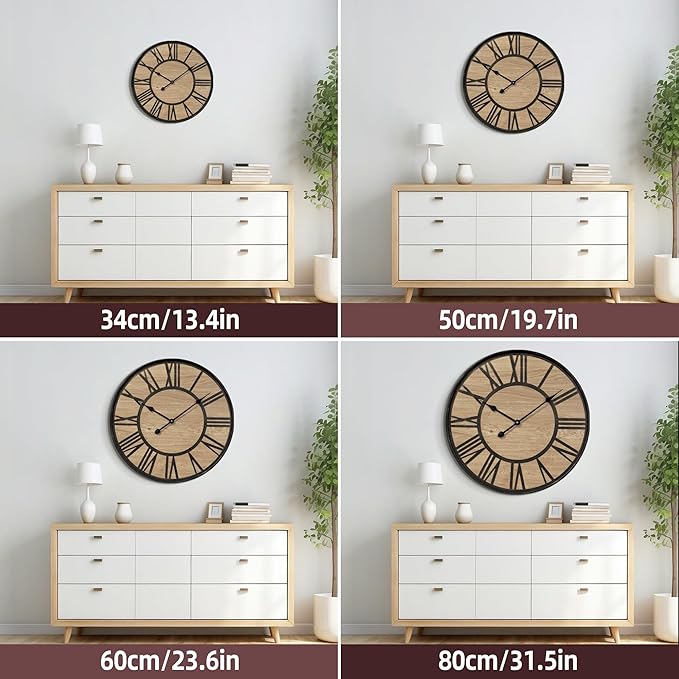 Large Wall Clock for Living Room Decor, Non Ticking Silent, Battery Operated Modern Vintage Wood Oversized Decorative Wall Clock for Bedroom Kitchen Farmhouse Office Decor