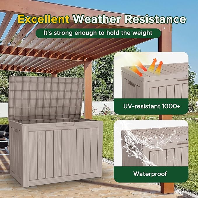 Vixzen 46 Gallon Resin Deck Box, Lockable Outdoor Storage Box for Patio Cushions Storage Furniture,Garden Tools, Pool Supplies, Weatherproof and UV Resistant,Grey