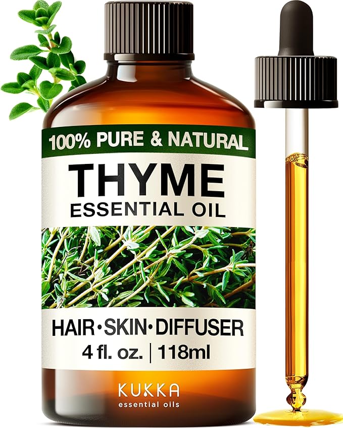 Kukka Thyme Essential Oil for Hair, Skin & Diffuser - 4 Fl Oz - 100% Pure Natural Thyme Oil, Herbaceous Scent, for Aromatherapy & Making Scent DIY