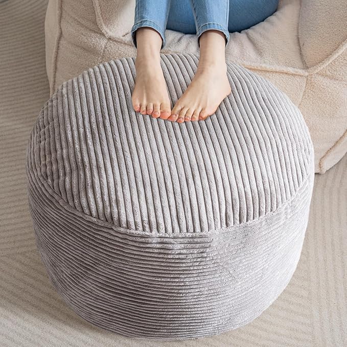 HIGOGOGO Round Stuffed Pouf Ottoman, Corduroy Poufs with Foam Chunk Filling, Furry and Fluffy Pouf Foot Stool Storage Ottoman, 26 X 18 Floor Poufs Foot Rest for Living Room, Grey