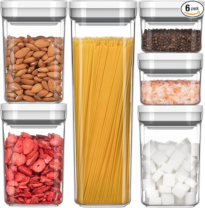 MR.SIGA 6 Piece Airtight Food Storage Container Set, BPA Free Kitchen Pantry Organization Canisters, One-handed Kitchen Storage Containers for Cereal, Spaghetti, Pasta, White