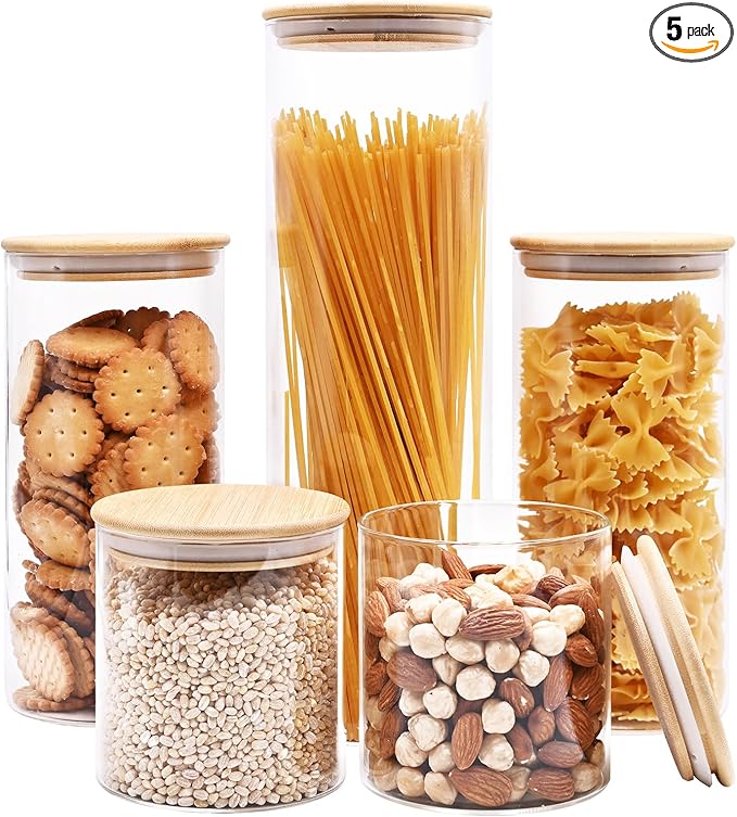 Glass Food Storage Jars, Glass Jars with Bamboo Lids, Kitchen Storage Jars, Canisters with Airtight Lids for Spice, Coffee, Cookie, Set of 5, Pantry Organizers