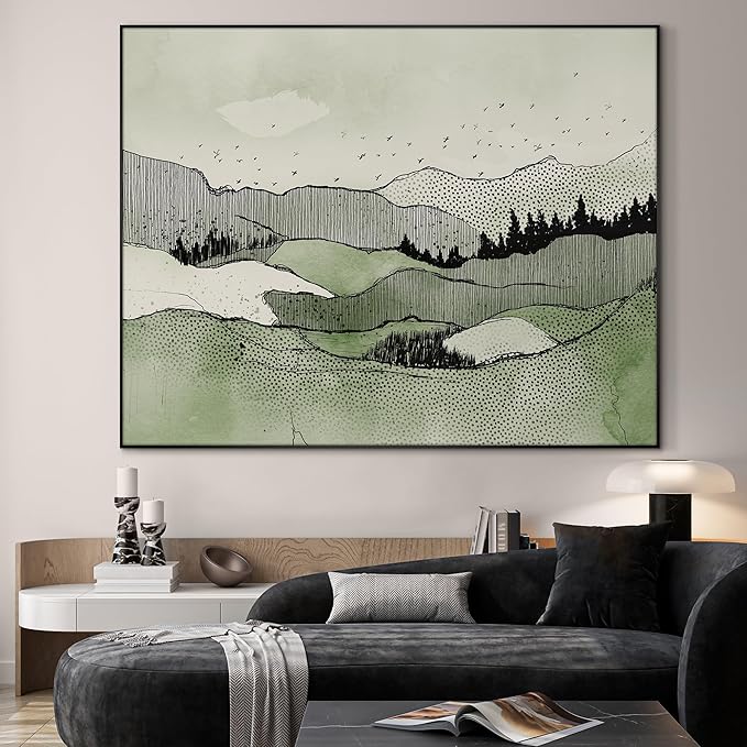 SIGNWIN 60"x72" Extra Large Framed Wall Art Green Line Art Mountain Landscape Illustration for Home Living Room Bedroom Decor (Frame Assembly Required)