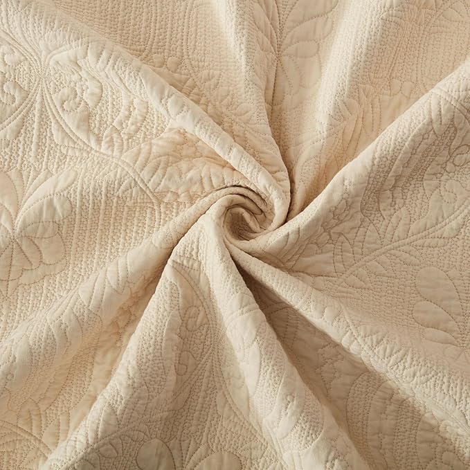 MarCielo 3-Piece 100% Cotton Oversized Bedspread Lightweight Quilt Coverlet Embroidery Farmhouse Bedding Set(TL Beige,Oversized King (118"x106"))