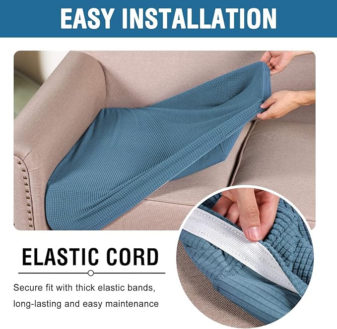 H.VERSAILTEX Super Stretch Individual Seat Cushion Covers - Sofa & Couch Cushion Slipcover Sets - Thick Jacquard Textured Twill Fabric (3 Piece XL Sofa Cushion Covers, Dusty Blue)
