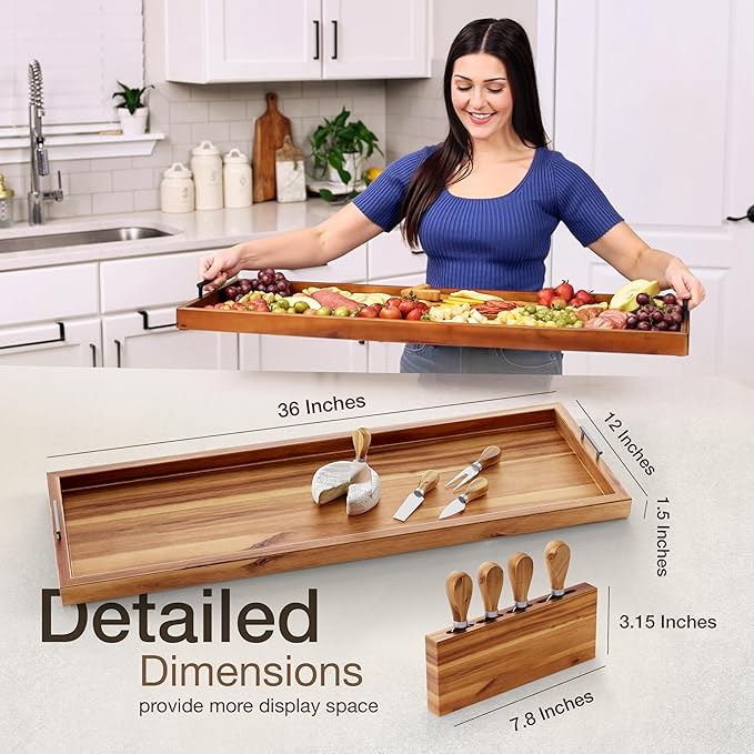 Acacia 36 Inch Extra Large Charcuterie Board with Cheese Knife Set of 4 - Acacia Wood Serving Tray with Handles, Long Charcuterie Board, Large Charcuterie Boards for Party, Wooden Cheese Board