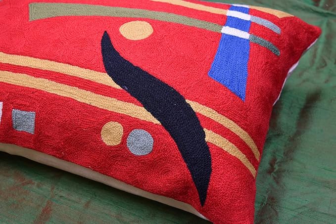 Lumbar Kandinsky Red Abstract Pillow Cover Modern Throw Pillowcase Chair Cushion Contemporary Farmhouse Pillowsham Couch Handembroidered Wool Size 14x20