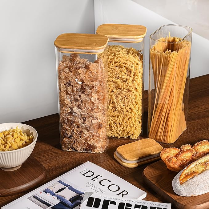 71oz Rectangle Airtight Glass Storage Containers with Bamboo Lids (Set of 4), Square Food Storage Jar, Pantry Organizers for Sugar, Flour, Spaghetti and Coffee beans (‎with Black Lable)