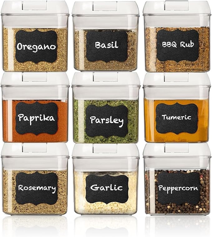 Shazo 9 PC Airtight Food Storage Containers - BPA Free Clear Plastic Snack & Spice Containers with Easy Lock Lids - Kitchen and Pantry Organization for Herbs, Coffee, Tea - 0.5L / 2.1 Cups
