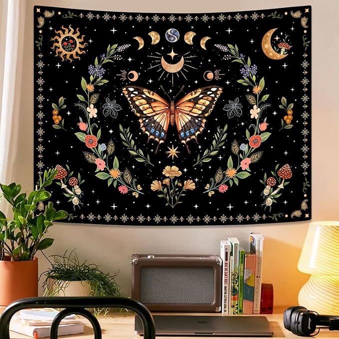 Lunerfex Boho Butterfly Tapestry Flower Moon Wall Tapestry, Moon Phases Tapestries for Bedroom Cute Tapestries Wall Hanging for Bedroom Living Room Decor Butterfly-1 60"x80"