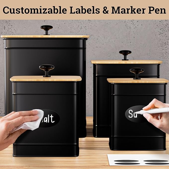 Kitchen Canisters for Countertop Set of 4 with Customizable Chalkboard Labels & Marker Pen - Big Iron Kitchen Canisters with Airtight Lids - Black Canister Set - Flour and Sugar Containers Farmhouse