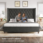 PaPaJet Queen Size Bed Frame with 61.4" Tall Headboard, Velvet Modern Upholstered Tufted Bed for Adults, Handmade Deep Button Tufting, Solid Wood Legs, No Box Spring Required, Black
