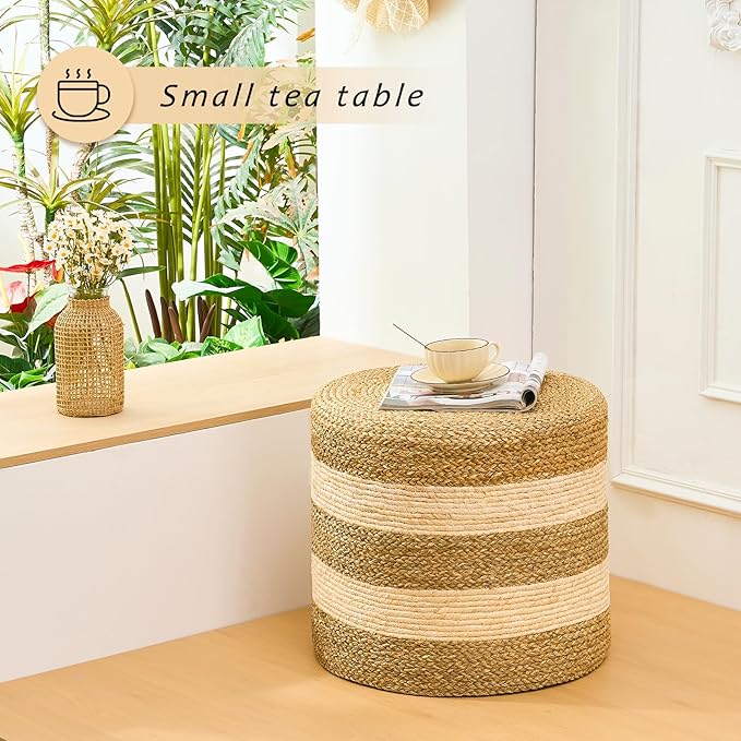 Handwoven Ottoman Pouf, Natural Seagrass Footstool, Round Braided Outdoor Seat with Sturdy Frame, Boho Accent Stool for Patio, Balcony, or Garden (Seagrass White)