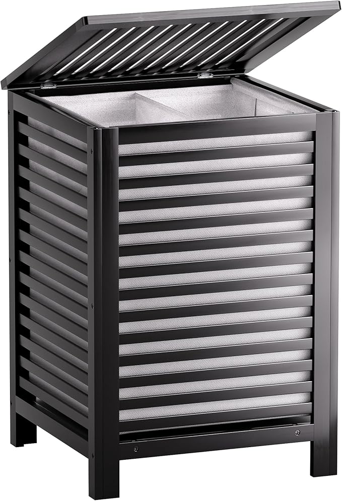 SMIBUY Double Laundry Hamper with Lid, 120L Bamboo Laundry Basket with Removable Liner Bag, 2-Section Clothes Divider Laundry Sorter for Laundry Room, Bathroom, Bedroom (Black)