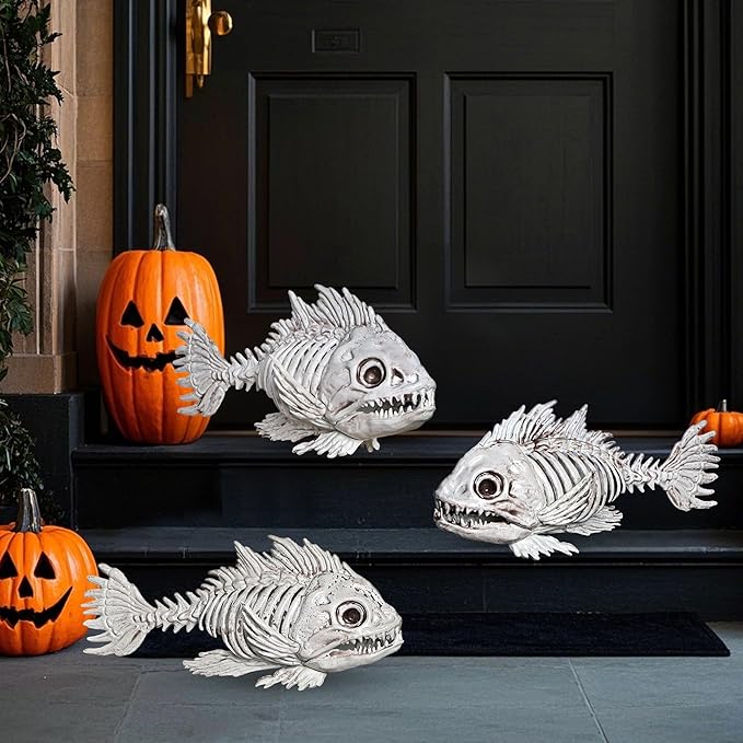 DR.DUDU 3 Pack Skeleton Fish Halloween Decor, Animals Skeleton Decorations Plastic Skull Fish Bones Figure Decor for Outdoor Indoor Bedroom Tank Party Props
