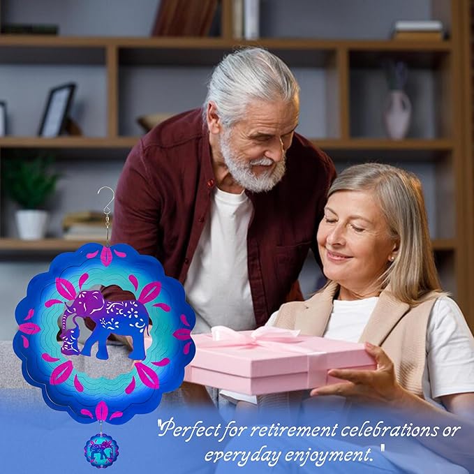 12 inch Elephant 3D Stainless Steel Wind Spinners, Hanging Garden Spinner Kinetic Art Garden Decorations, Reflective Wind Sculpture for Indoor/Outdoor Decor