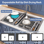 Over The Sink Dish Drying Rack for Kitchen, Expandable (12.8"-23.8" D x 15.5" W) Roll Up Dish Drainer with The Function of Fordable, Rust Proof, Large Sink Cover with Removable Utensil Holder