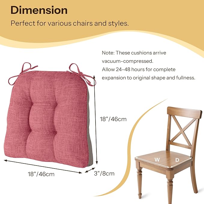 Non Slip Chair Cushions for Dining Chairs Set of 4 Kitchen Chair Cushions 18"x18"x3" Turfted Chair Pads Comfortable and Soft Seat Cushion with Ties (Pink)