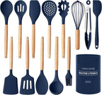 Country Kitchen Non Stick Silicone Utensil Set with Rounded Wood Handles for Cooking and Baking, 14 Piece Set, Navy