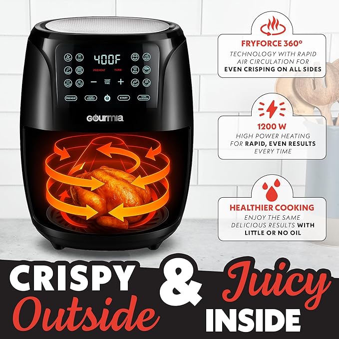Gourmia Air Fryer 6 QT Digital – Guided Cooking with 12 One‑Touch Presets, FryForce 360 Large XL Basket, Touchscreen, Dishwasher‑Safe Accessories, Healthy No‑Oil Cooking GAF686