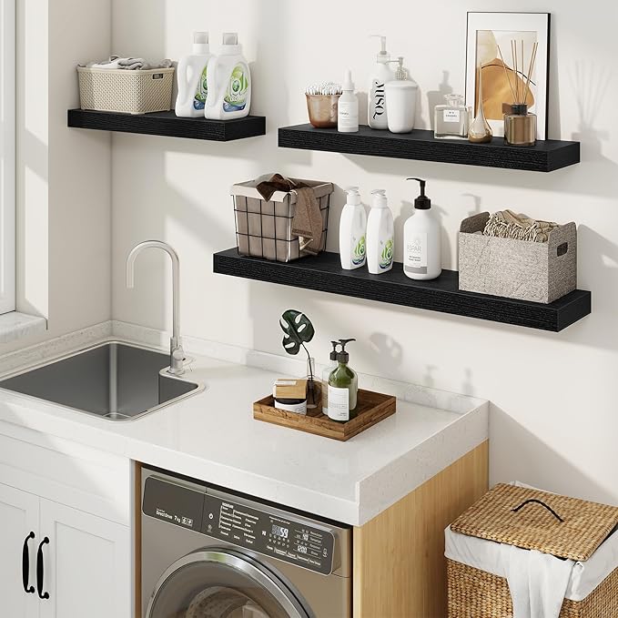 fuqing Floating Shelves for Wall, Bathroom Shelf Wall Mounted for Storage, Shelves with Invisible Bracket for Bedroom, Kitchen, Living Room, Farmhouse Small Book Shelf, 48 Inch Set of 2, Black
