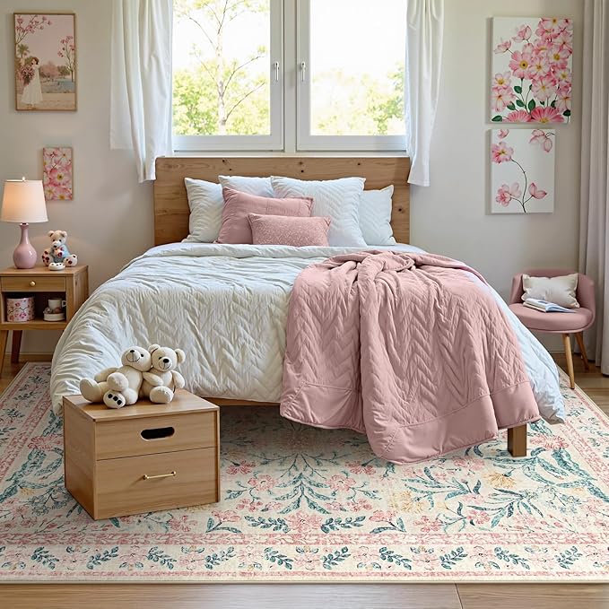 Wonnitar Washable Area Rug 6x9, Pink Floral Rugs for Bedroom Girls Soft Living Room Carpet Ultra-Thin, Boho Non Slip Non-Shedding Pastel Nursery Carpet for Kids Room Playroom Dorm