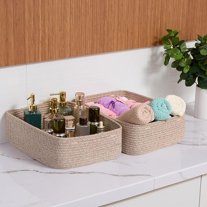 Large Shallow Organizing Baskets 15x11x5.1 Inches - Rope Woven Storage Bins for Bathroom, Shelves, Cube Closet, Mixed Brown 2 Packs