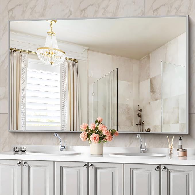 36x55inch Bathroom Mirror, Silver Rectangle Mirror with Thin Metal Frame, Large Rectangular Wall Mirrors for Bathroom, Living Room, Hair Salon, Big Mirror Hang Horizontal/Vertical