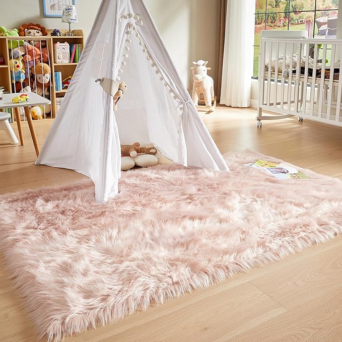 AMTOVO Faux Fur Sheepskin Rug for Living Room, 4 x 6 ft Pink Fluffy Area Rug for Bedroom, Playroom, Luxury Room Decor, Rectangle